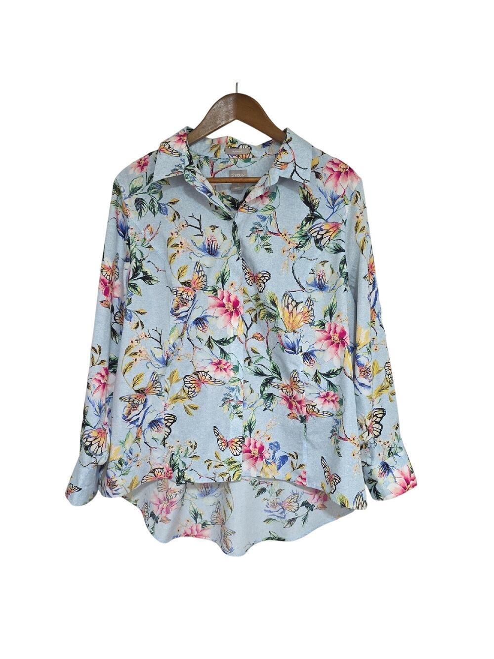 Chico's Sz 3 US 16/18 BUTTERFLY Floral Multi-Color Top with Blue Background